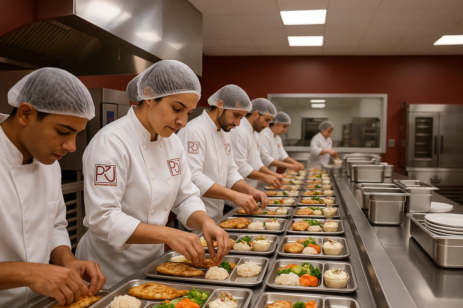 Equipe PKJ preparando refeições em cozinha industrial